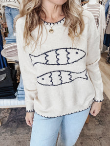 Sailfish Fish Pullover Sweater with Stitch Detail - Taupe