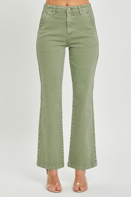 FINAL SALE Beth High Rise Side Twill Tape Detail Straight Pants - Olive