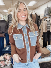 Manchester Knit Jacket with Denim Pocket & Collar Detail - Brown