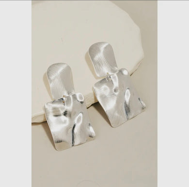 Brushed Metallic Warped Square Dangle Earrings - Silver