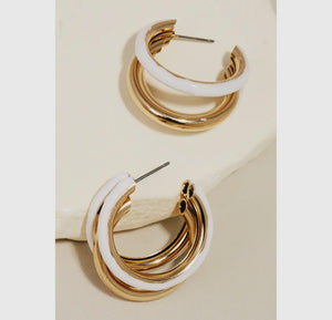 Epoxy Painted Layered Hoop Earrings - White/Gold
