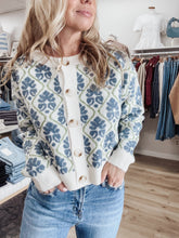 Nordic Bloom Floral Pattern Button Down Cardigan - Blue