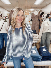 Mariner Striped Boatneck Knit Sweater with Lantern Sleeves - Denim Blue