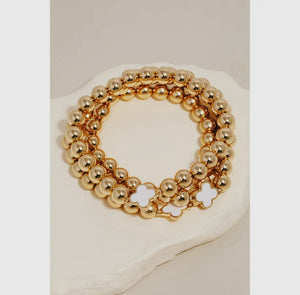 Enamel Clover Charm Layered Beaded Bracelet Set - White