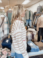 Cottage Row Collared Textured Stripe Cardigan with Pink Trim Detail - Oatmeal