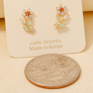 Gold Dipped Cz Flower Stud Earrings - Gold