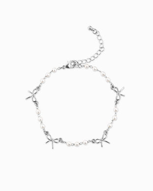 Skinny Bow Acrylic Pearl Link Station Chain Bracelet - Silver