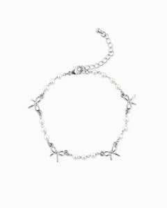 Skinny Bow Acrylic Pearl Link Station Chain Bracelet - Gold