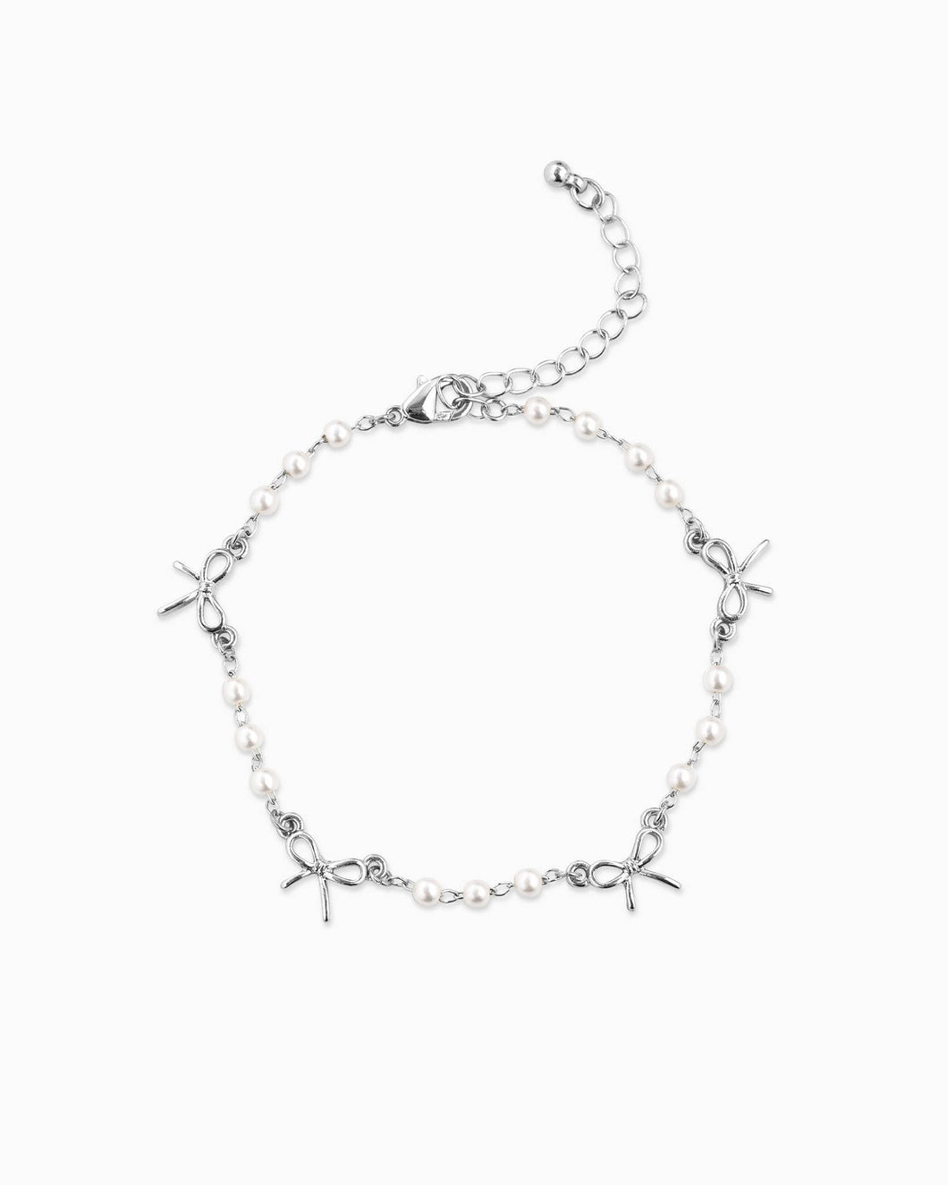 Skinny Bow Acrylic Pearl Link Station Chain Bracelet - Silver