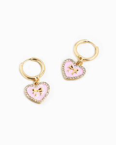 Bow Stamp on Heart Drop Hoop Earrings - White