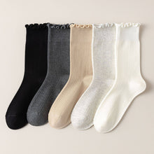 Vertical Stripes Thin Solid Ruffle Crew Socks - Grey