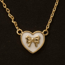 Gold Dipped Enamel Ribbon Bow Heart Pendant Necklace - Black