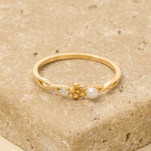 Gold Dipped Cz Pearl Flower Ring: Gold