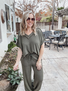 Jordyn Textured Top & Draw String Straight Leg Pant Set - Olive