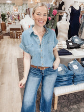 Easy Rider Button Down Extended Shoulder Chambray Top