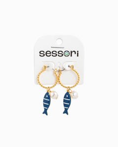 Sea Life Marine Blue Fish Earrings - Gold