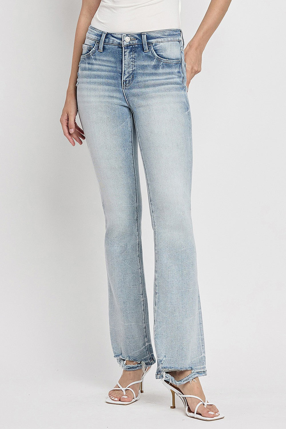 Bridget Tummy Control Mid Rise Distressed Hem Bootcut Denim