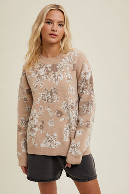 FINAL SALE Floral Brushed Sweater - Taupe/Off White