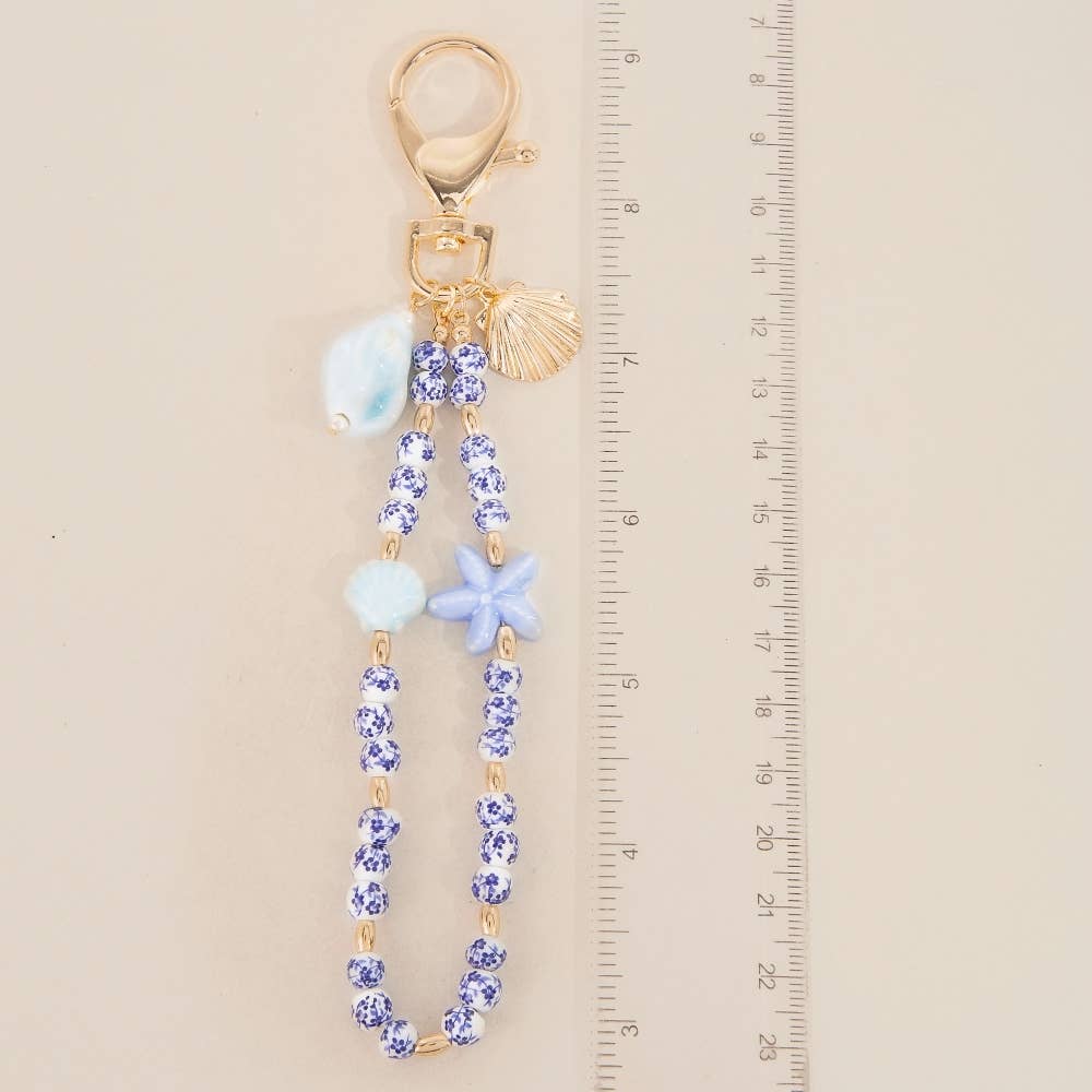 Blue Sea Shells And Floral Ceramic Beaded Bag Chain - Gold/Blue