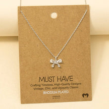 Rhinestone Ribbon Bow Pendant Necklace - Gold