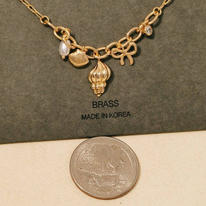 Pearl Cz And Shell Charms Chain Necklace - Gold