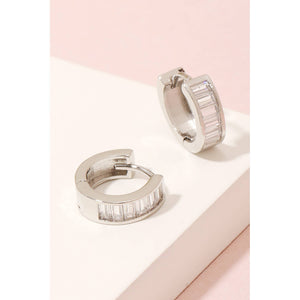 Small Baguette Studded Hoop Earrings - Silver