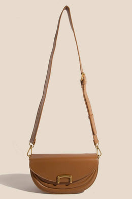 Buckle Closure Crescent Faux Leather Hand Bag - Tan