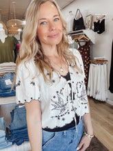 Sparrow Song Bird Embroidery Short Sleeve Front Tie Top - Ivory