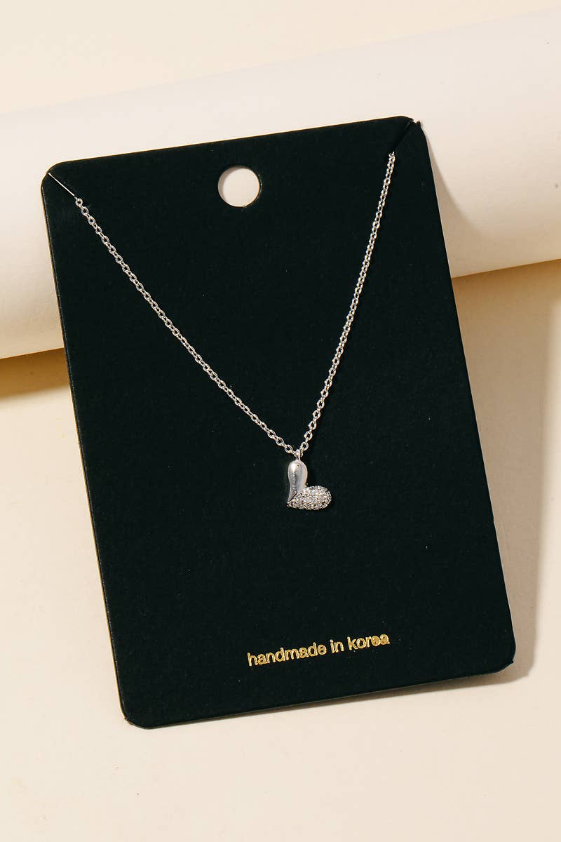 Half Cz Pave Heart Pendant Necklace - Silver