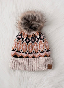 Patterned Pom Hat - Beige Multi