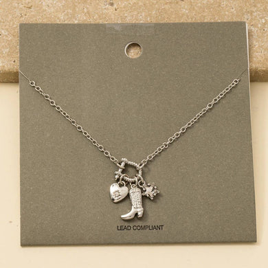 Western Cowboy Boot And Heart Charms Chain Necklace - Silver