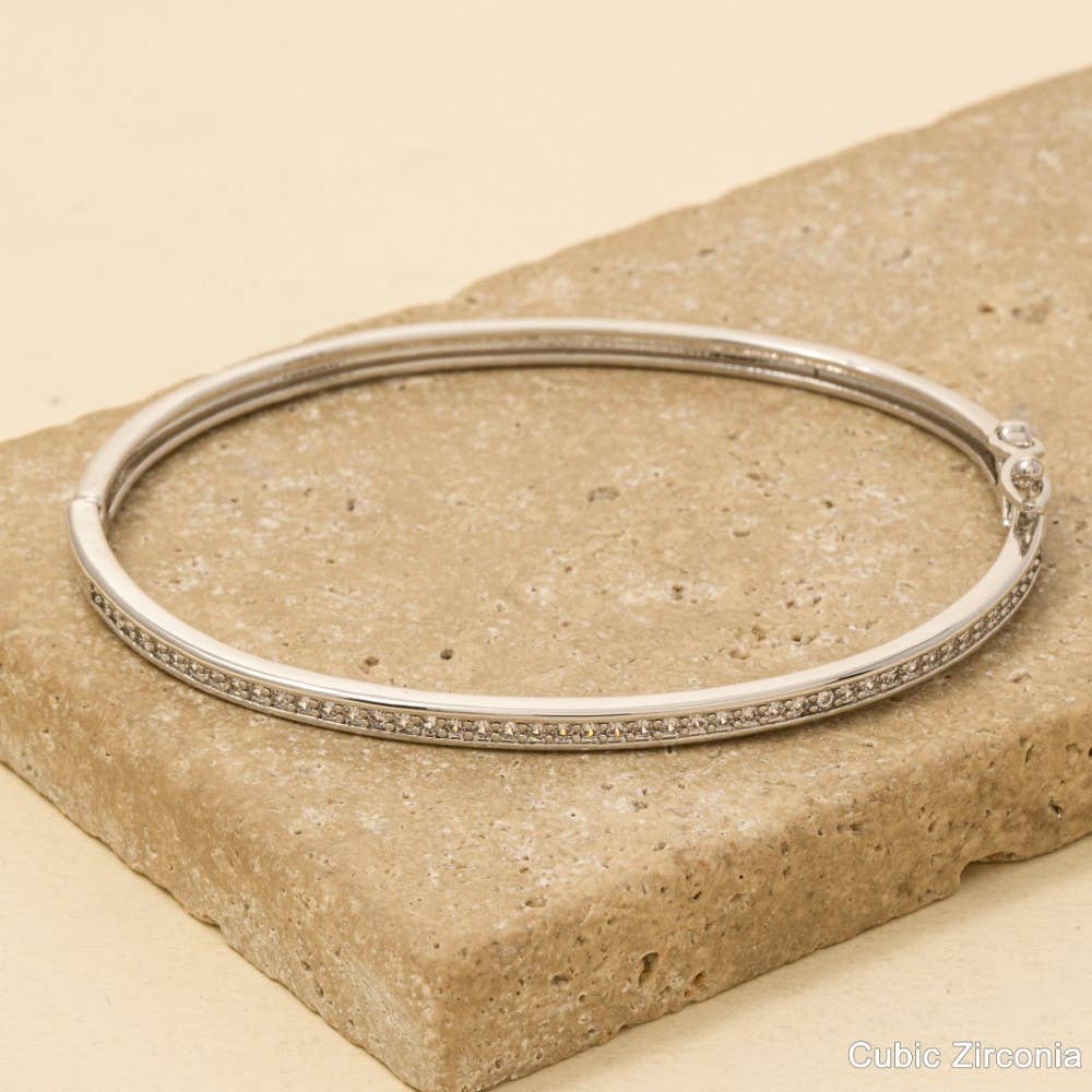 Gold Dipped Cz Pave Hinge Bangle Bracelet - Silver