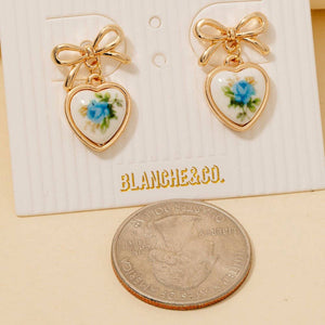 Flower Heart Drop Ribbon Bow Stud Earrings - Blue