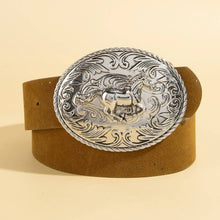 Western Large Engraved Horse Buckle Belt - Silver and Black
