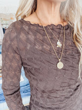 Mocha Muse Diamond Mesh Knit Jacquard Long Sleeve Top - Brown