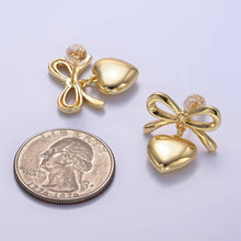 24K Gold Filled Heart Drop Ribbon Bow Stud Earrings in Gold