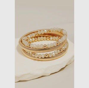 Mixed Beads and Metallic Coil Elastic Bracelet Set - Natural