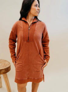 FINAL SALE Sweatshirt Dress with Zipper & Ribbed Detail - Brick
