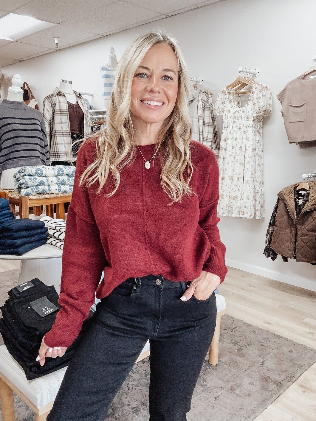 Mulberry Marled Solid Crewneck Front Seam Knit Sweater - Burgundy