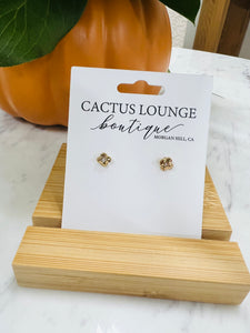 Delicate Clover Stud Earrings with Jewel - Gold