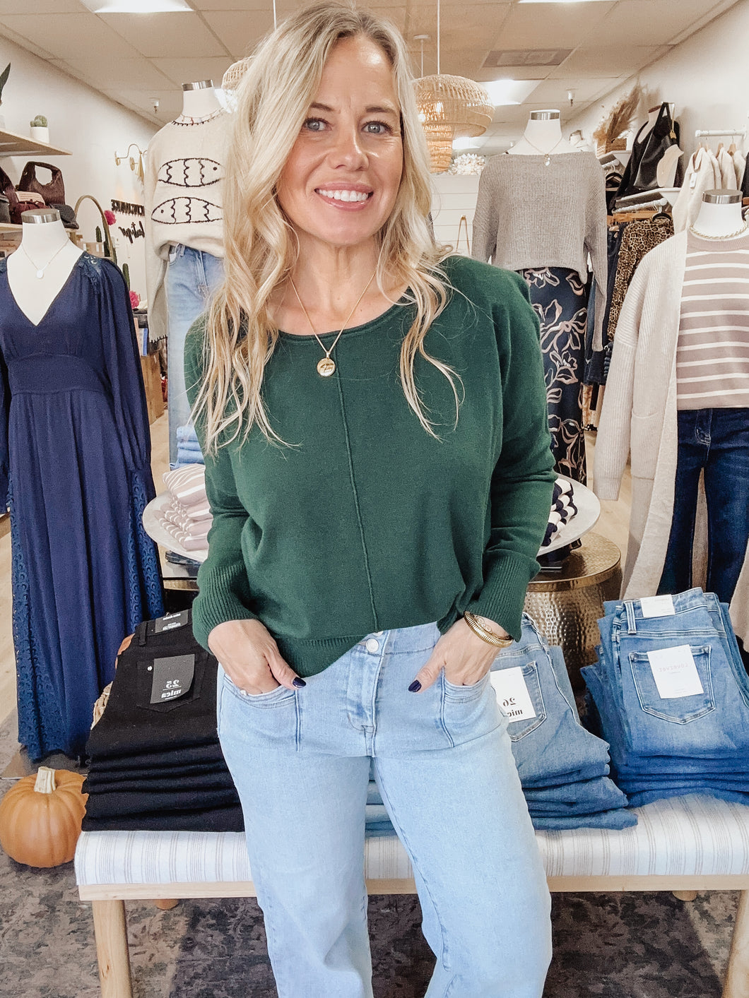 Sutton Crew Neck Pullover with Middle Seam Detail - Hunter Green
