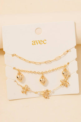 Heart And Ribbon Charms Layered Chain Bracelet Set - Gold