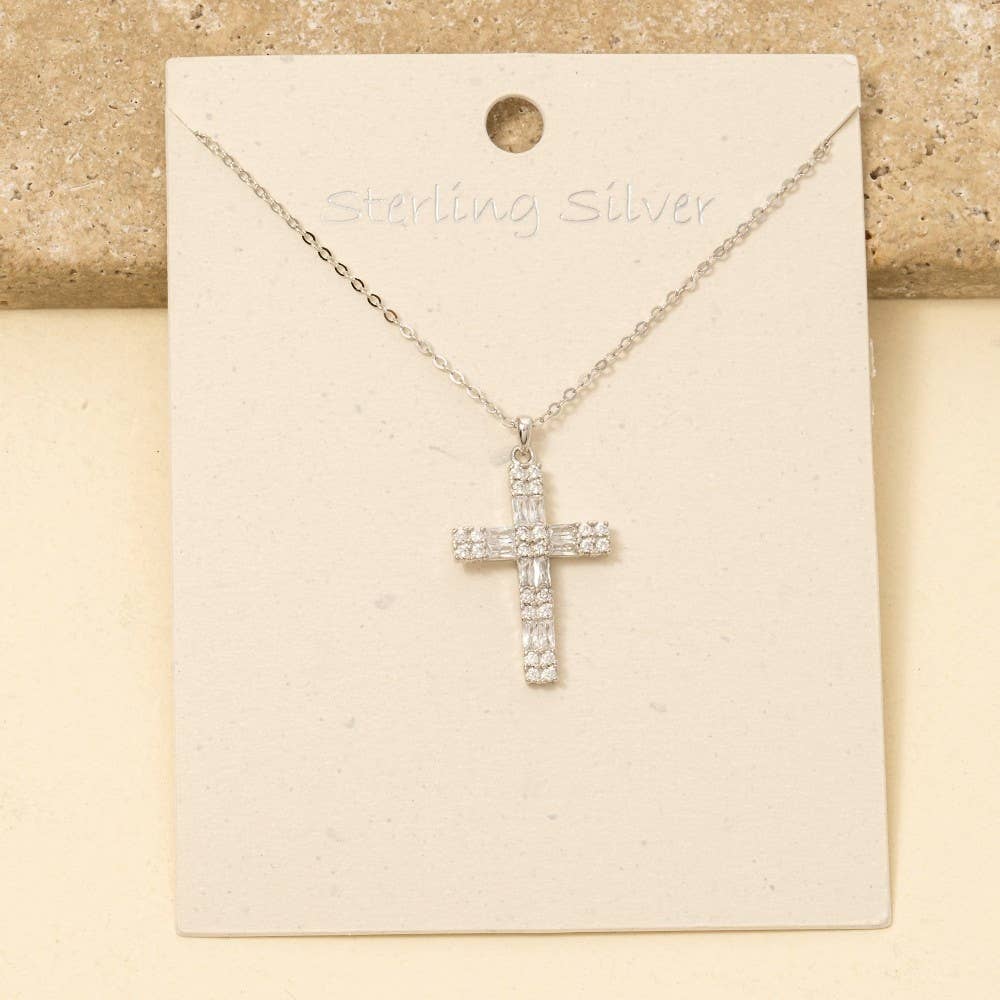 Sterling Silver Cz Pave Cross Pendant Necklace - Silver