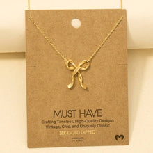 Gold Dipped Long Ribbon Bow Pendant Necklace - Gold