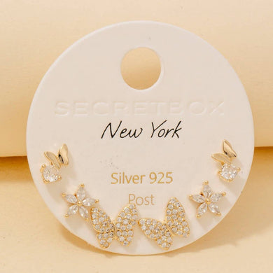 Secret Box Pave Butterflies And Stars Stud Earrings Set - Gold