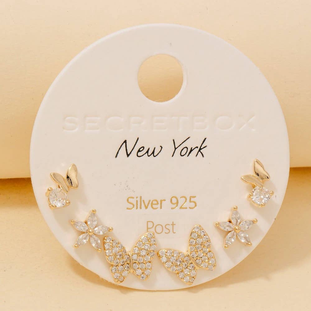 Secret Box Pave Butterflies And Stars Stud Earrings Set - Gold