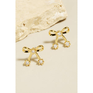 Cubic Zirconia Stud Ribbon Bow Stud Earrings - Silver