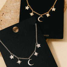 Gold Dipped Cz Pave Star And Moon Charms Chain Necklace - Gold