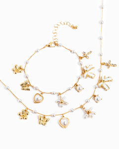 Pearl Flower Multi Charm Bracelet - Gold