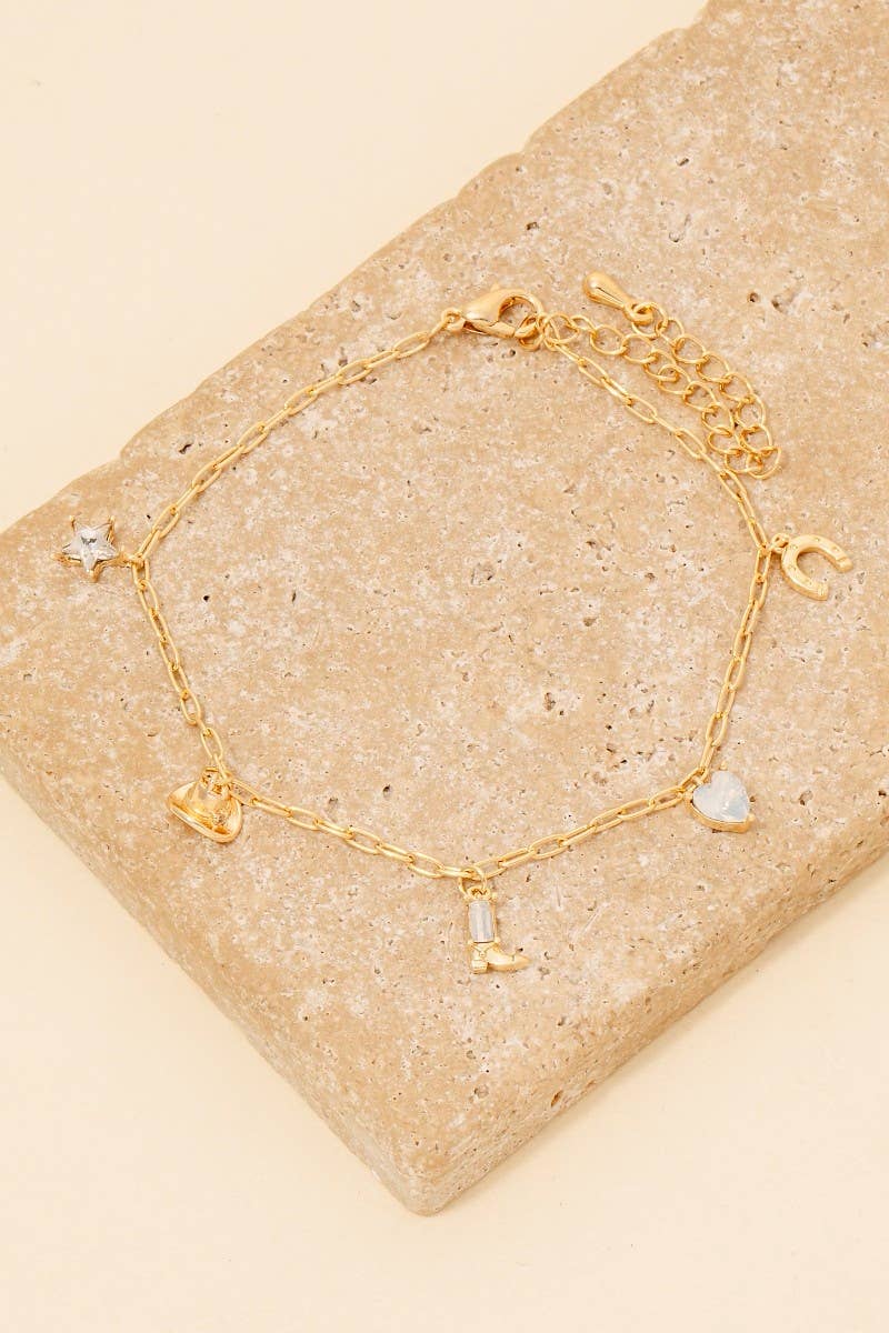 Cz Studded Mini Western Charms Chain Bracelet - Gold